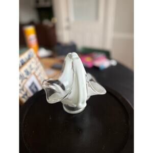 Vintage Hand Blown White and Clear Art Glass Basket – Ruffled Edge Pedestal Vase